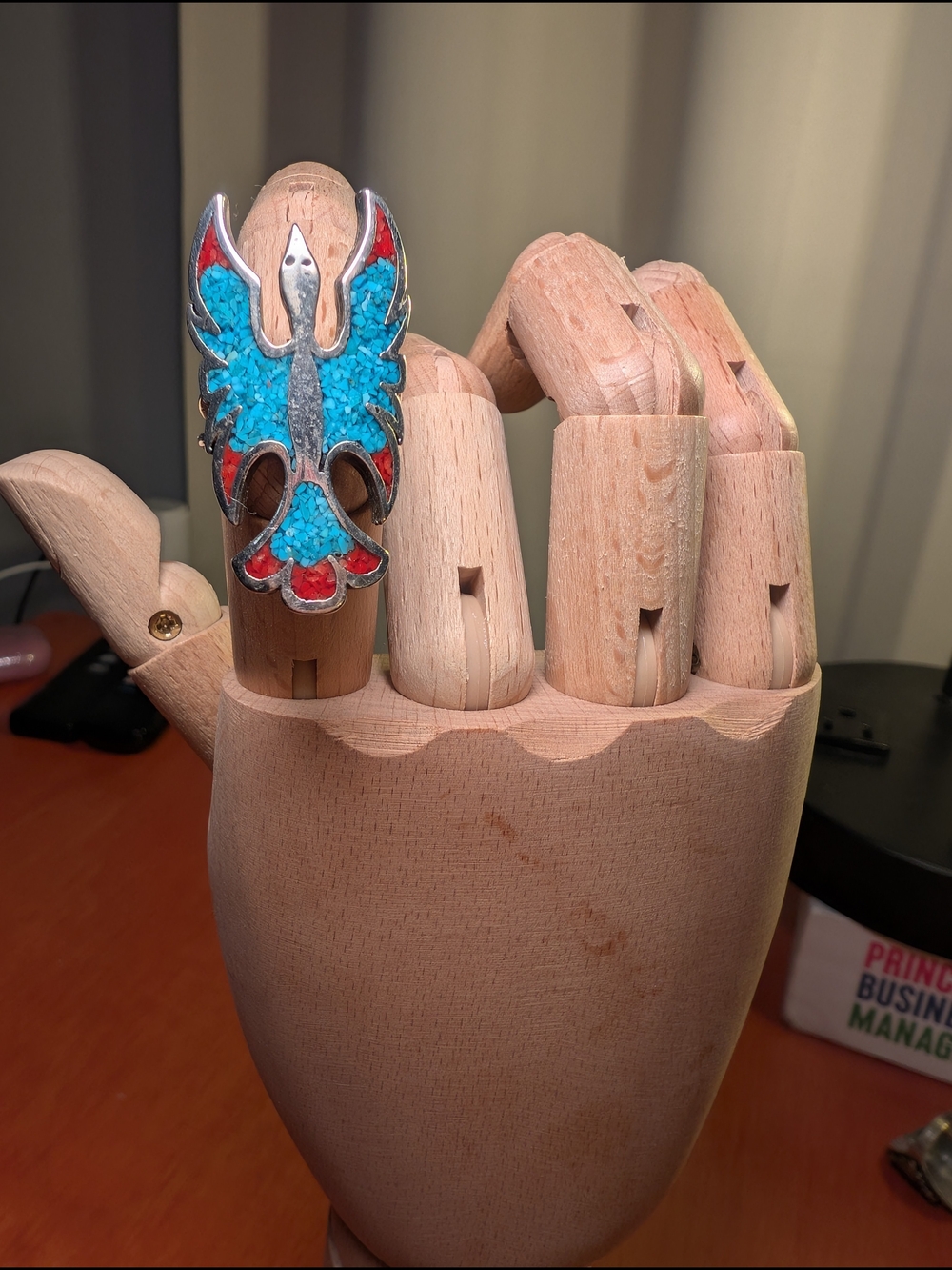 Vintage Native American Thunderbird Turquoise Coral Sterling Ring Size 9